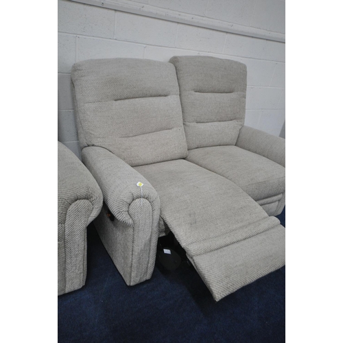 1374 - A BEIGE UPHOLSTERED ELECTRIC RECLINING SUITE, comprising a three seater settee, length 207cm, and a ... 