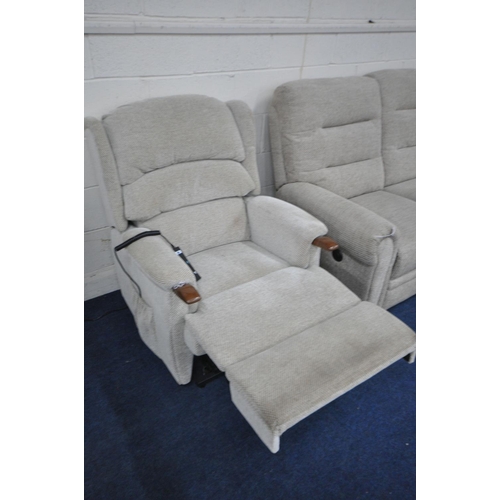 1375 - A BEIGE UPHOLSTERED HSL ELECTRIC RISE AND RECLINE ARMCHAIR (PAT pass and working, slightly dirty fab... 