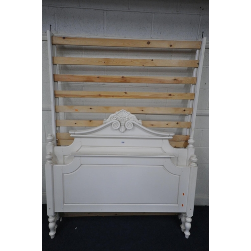 1376 - A CREAM FRENCH 4FT6 BEDSTEAD, with side rails and pine slats, and all bolts (good condition)