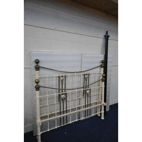 1377 - A VICTORIAN STYLE CREAM METAL AND BRASS 5FT BEDSTEAD