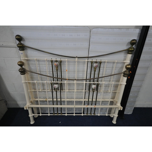 1377 - A VICTORIAN STYLE CREAM METAL AND BRASS 5FT BEDSTEAD