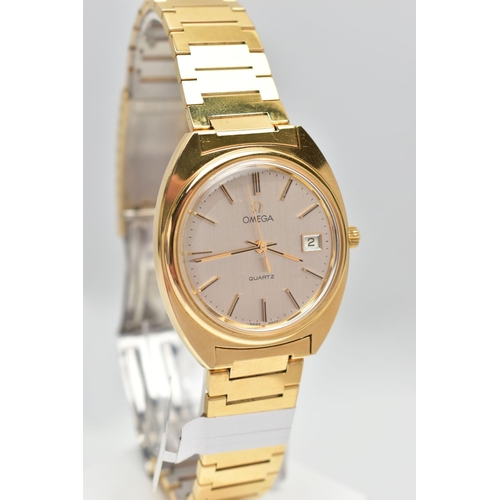 106 - A GENTLEMANS GOLD PLATED OMEGA WRISTWATCH, the circular champagne dial, with baton hourly markers, d... 