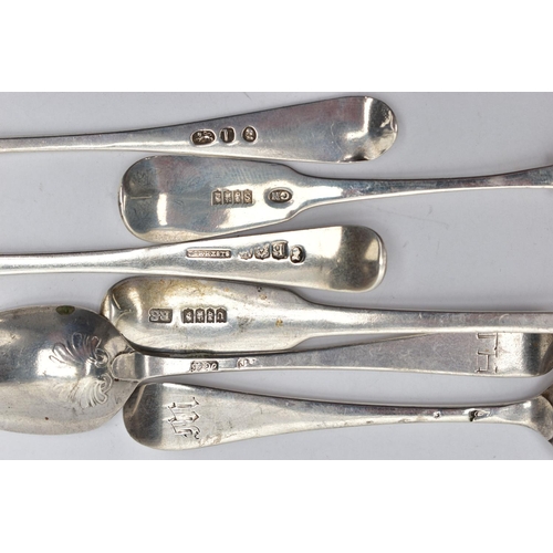 111 - A SELECTION OF SILVER TEASPOONS, to include two George III fiddle pattern 'Irish Provincial' teaspoo... 