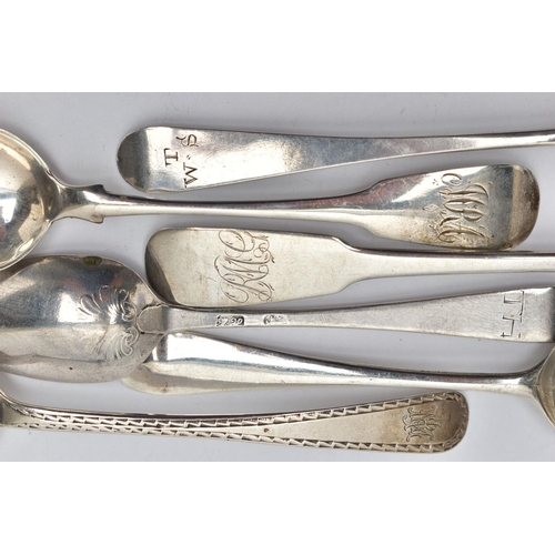 111 - A SELECTION OF SILVER TEASPOONS, to include two George III fiddle pattern 'Irish Provincial' teaspoo... 