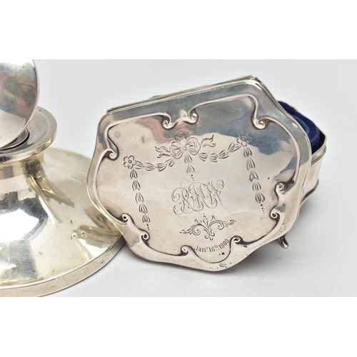 112 - AN EDWARDIAN SILVER INKWELL AND SILVER BOX, the inkwell of tapered design with circular weighted bas... 