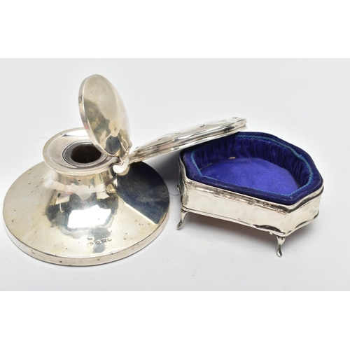 112 - AN EDWARDIAN SILVER INKWELL AND SILVER BOX, the inkwell of tapered design with circular weighted bas... 