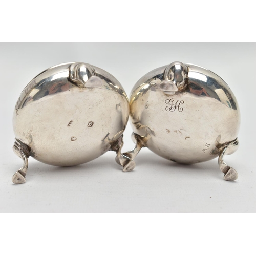 113 - TWO SILVER SALT CELLARS, both of circular outline, with personalised monogram to side, each with thr... 