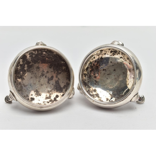 113 - TWO SILVER SALT CELLARS, both of circular outline, with personalised monogram to side, each with thr... 