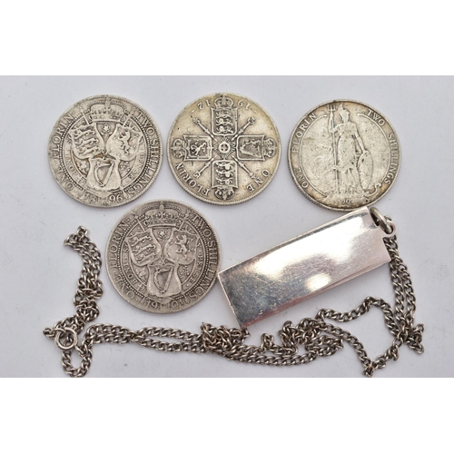 117 - FOUR SILVER COINS AND A SILVER INGOT PENDANT WITH CHAIN, to include an Edward VII one florin coin da... 