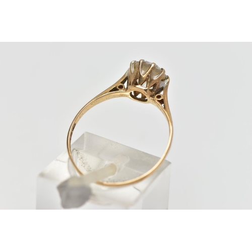 122 - A 9CT GOLD SINGLE STONE RING, circular cut colourless cubic zirconia in a ten claw setting, pinched ... 