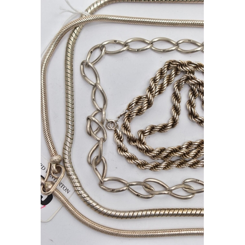 125 - ASSORTED SILVER AND WHITE METAL CHAINS, to include a silver albert chain, elongated curb link chain,... 