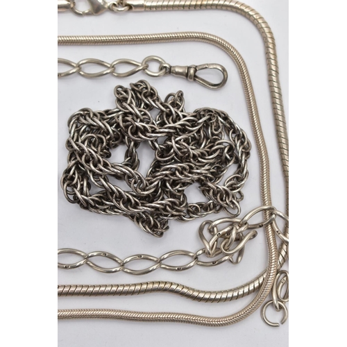 125 - ASSORTED SILVER AND WHITE METAL CHAINS, to include a silver albert chain, elongated curb link chain,... 