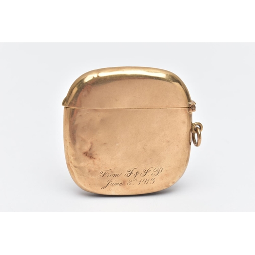 130 - AN EARLY 20TH CENTURY 9CT GOLD VESTA, of a polished rounded square form, engraved monogram to the fr... 