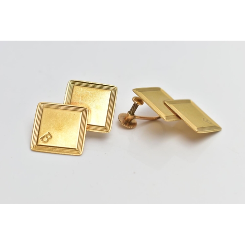 133 - A PAIR OF 18CT GOLD NON-PIERCED EARRINGS, each designed with two slightly over lapping square panels... 