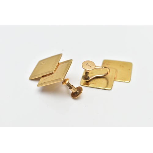 133 - A PAIR OF 18CT GOLD NON-PIERCED EARRINGS, each designed with two slightly over lapping square panels... 