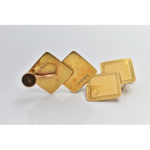 133 - A PAIR OF 18CT GOLD NON-PIERCED EARRINGS, each designed with two slightly over lapping square panels... 