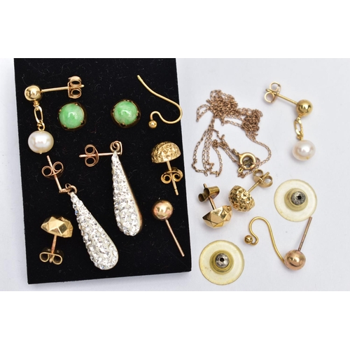 134 - A SELECTION OF YELLOW METAL EARRINGS, to include a pair of circular cut jade cabochon earrings claw ... 