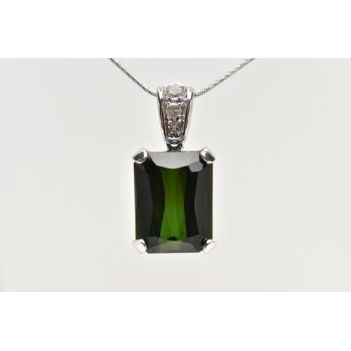 139 - AN 18CT WHITE GOLD TOURMALINE PENDANT, A PAIR OF 9CT WHITE GOLD TOURMALINE AND DIAMOND EARRINGS AND ... 