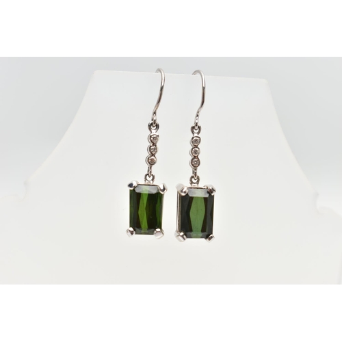 139 - AN 18CT WHITE GOLD TOURMALINE PENDANT, A PAIR OF 9CT WHITE GOLD TOURMALINE AND DIAMOND EARRINGS AND ... 