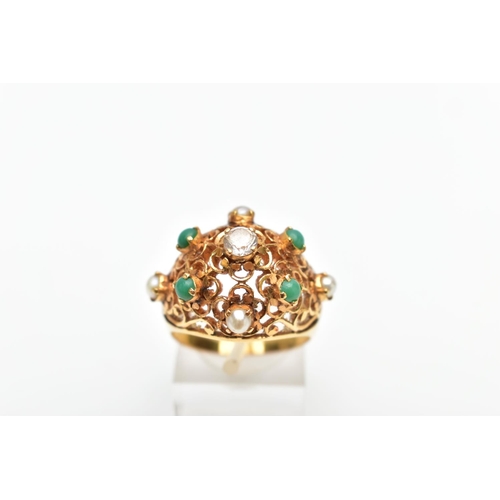 140 - A YELLOW METAL GEM SET RING, set with a colourless sapphire, four chrysoprase cabochons and four spl... 