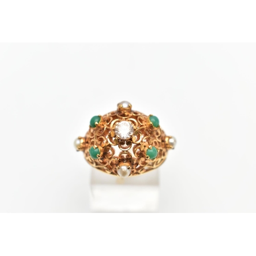 140 - A YELLOW METAL GEM SET RING, set with a colourless sapphire, four chrysoprase cabochons and four spl... 