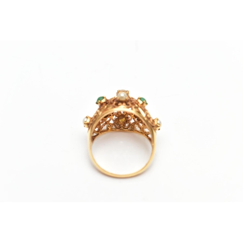 140 - A YELLOW METAL GEM SET RING, set with a colourless sapphire, four chrysoprase cabochons and four spl... 