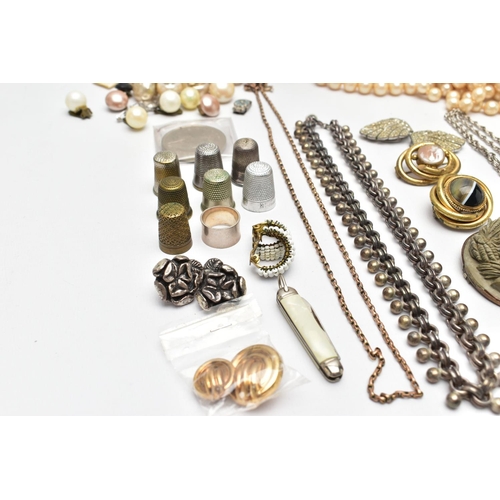 141 - A BOX OF ASSORTED COSTUME JEWELLERY, to include a carved high relief lava cameo brooch, depicting a ... 