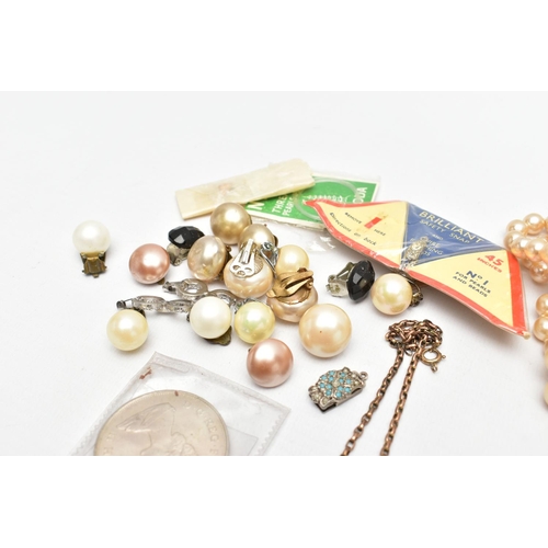 141 - A BOX OF ASSORTED COSTUME JEWELLERY, to include a carved high relief lava cameo brooch, depicting a ... 