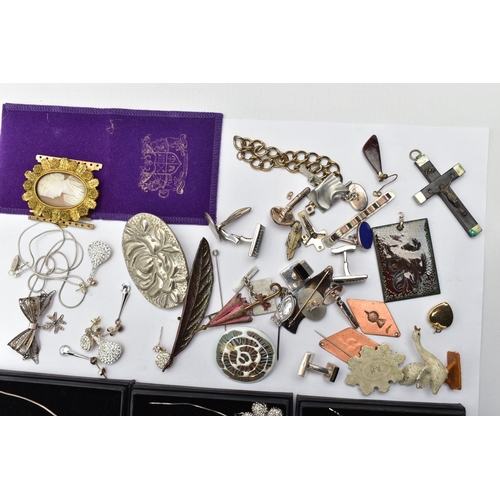 145 - A BOX OF MOSTLY WHITE METAL JEWELLERY, to include twelve boxed (new like condition) pendant necklace... 