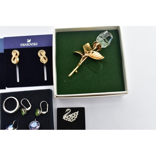 147 - A BOX OF 'SWAROSKI' JEWELLERY, to include three pairs of Swarovski crystal drop earrings with boxes,... 