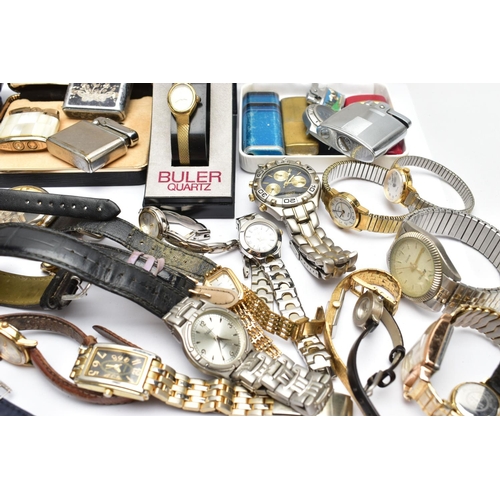 149 - A BOX OF ASSORTED WRISTWATCHES AND LIGHTERS, mostly quartz movements, such as a gents boxed 'Seiko' ... 