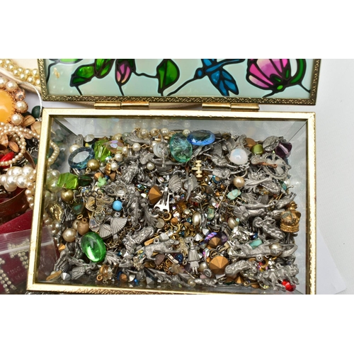 150 - A SHOE BOX OF COSTUME JEWELLERY, to include two cased sets of imitation pearl necklaces, a glass jew... 