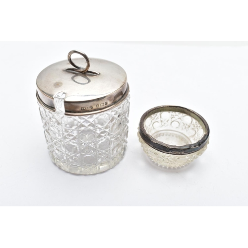 153 - A BOX OF SILVER ITEMS, to include a glass condiment jar with silver cover hallmarked 'T H Hazelwood ... 