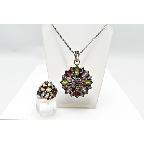 158 - A SILVER AND MULTI GEM SET NECKLACE AND GEMSET RING, a floral silver pendant, set with multiple semi... 