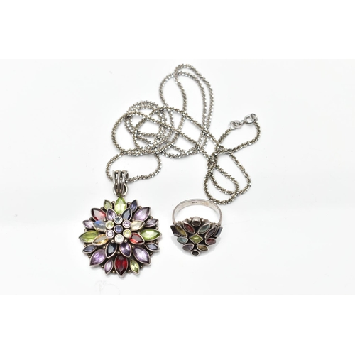 158 - A SILVER AND MULTI GEM SET NECKLACE AND GEMSET RING, a floral silver pendant, set with multiple semi... 