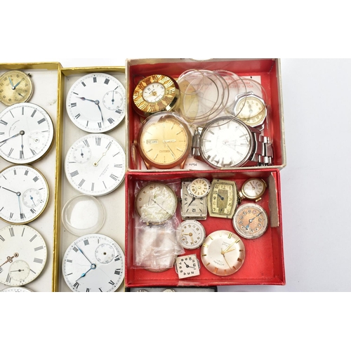 159 - A BOX OF ASSORTED WATCH PARTS, a large selection of varying sized watch movements, dials and glass, ... 