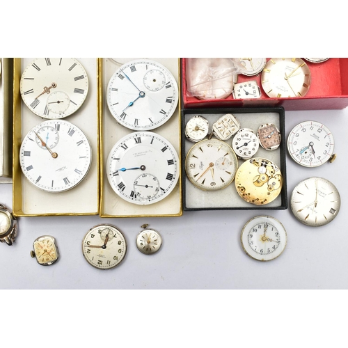 159 - A BOX OF ASSORTED WATCH PARTS, a large selection of varying sized watch movements, dials and glass, ... 