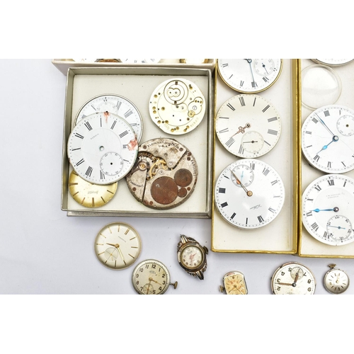 159 - A BOX OF ASSORTED WATCH PARTS, a large selection of varying sized watch movements, dials and glass, ... 