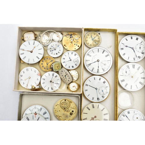 159 - A BOX OF ASSORTED WATCH PARTS, a large selection of varying sized watch movements, dials and glass, ... 