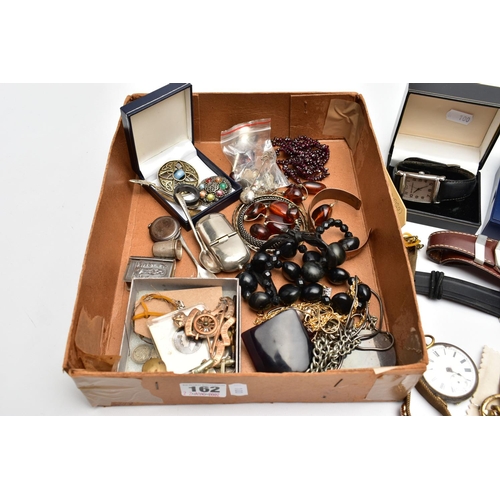 162 - A BOX OF ASSORTED SILVER, JEWELLERY AND WRISTWATCHES, to include a silver vesta, hallmarked 'Smith &... 