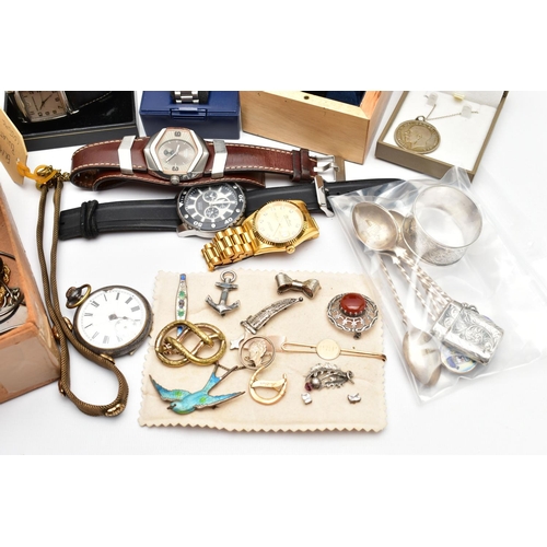 162 - A BOX OF ASSORTED SILVER, JEWELLERY AND WRISTWATCHES, to include a silver vesta, hallmarked 'Smith &... 