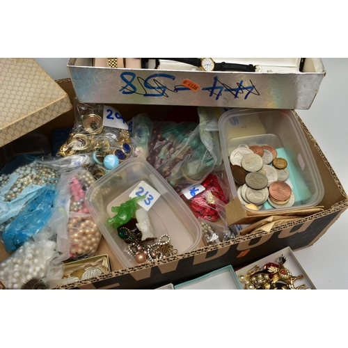 164 - A BOX OF COSTUME JEWELLERY, to include beaded necklaces, shell necklaces, imitation pearl necklaces ... 