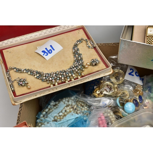 164 - A BOX OF COSTUME JEWELLERY, to include beaded necklaces, shell necklaces, imitation pearl necklaces ... 