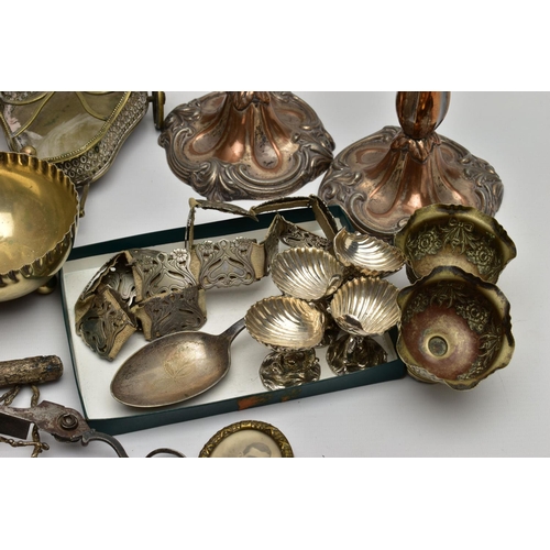 167 - A BOX OF SILVER PLATE AND WHITE METAL WARE, to include a pair of silver plate on copper candlesticks... 