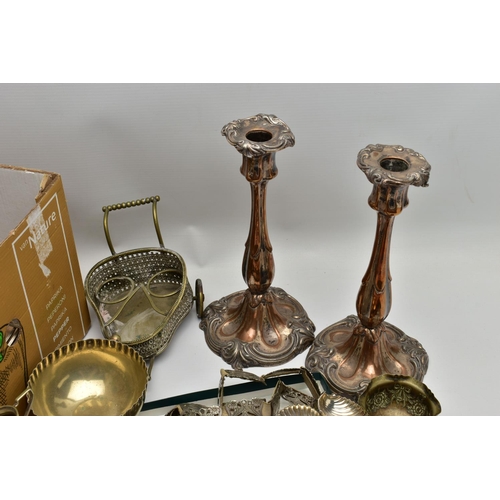 167 - A BOX OF SILVER PLATE AND WHITE METAL WARE, to include a pair of silver plate on copper candlesticks... 