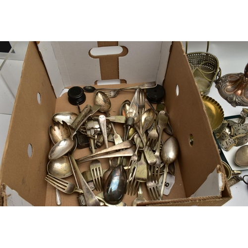 167 - A BOX OF SILVER PLATE AND WHITE METAL WARE, to include a pair of silver plate on copper candlesticks... 