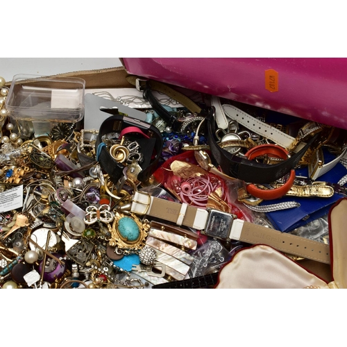 173 - A BOX OF ASSORTED COSTUME JEWELLERY AND OTHER ITEMS, to include a small quantity of wristwatches wit... 