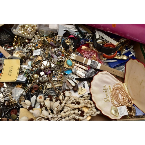 173 - A BOX OF ASSORTED COSTUME JEWELLERY AND OTHER ITEMS, to include a small quantity of wristwatches wit... 