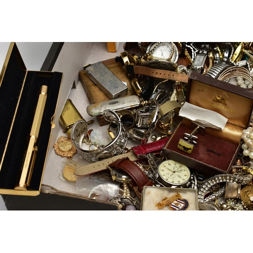 174 - A BOX OF ASSORTED COSTUME JEWELLERY, WATCHES AND OTHER ITEMS, to include a variety of ladies and gen... 