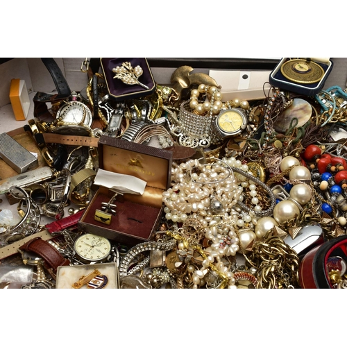 174 - A BOX OF ASSORTED COSTUME JEWELLERY, WATCHES AND OTHER ITEMS, to include a variety of ladies and gen... 